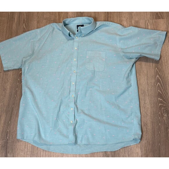 Stafford Blue Oxford Shirt Big 19 Travel Wrinkle Free Flamingos Short Sleeve - Picture 2 of 5